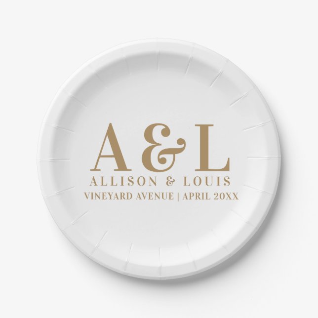 Wedding Monogram Minimalist White Gold Paper Plates (Front)