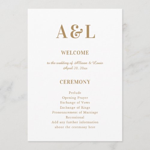 Wedding Monogram Minimalist White Gold Program