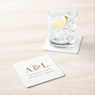 Wedding Monogram Minimalist White Gold Square Paper Coaster