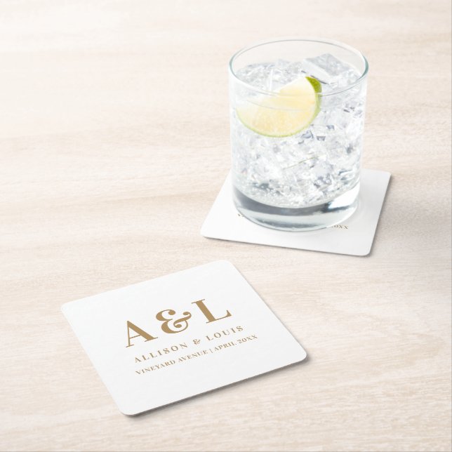 Wedding Monogram Minimalist White Gold Square Paper Coaster (Insitu)