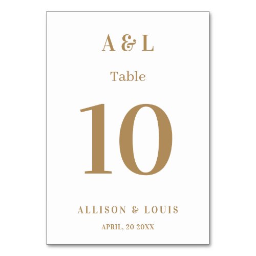 Wedding Monogram Minimalist White Gold Table Number