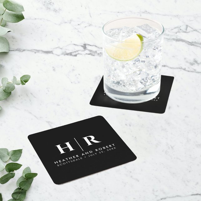 Wedding Monogram Modern Custom Bride and Groom Square Paper Coaster (Creator Uploaded)