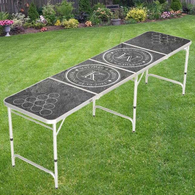 Wedding Monogram Modern Dark Granite Stone  Beer Pong Table (Creator Uploaded)