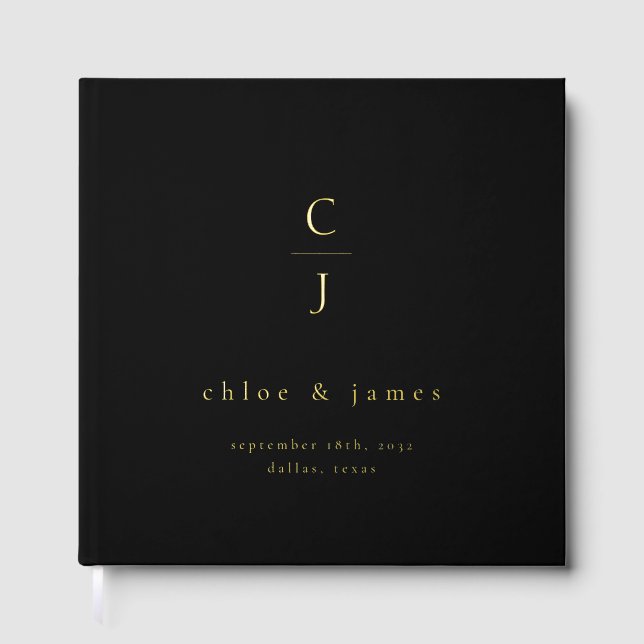 Wedding Monogram Modern Minimal Black Gold Foil Guest Book (Front)
