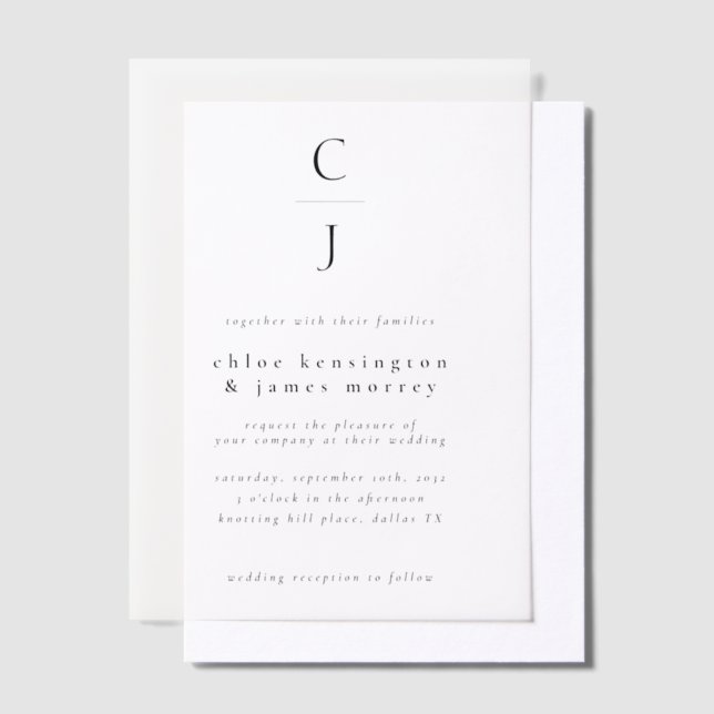 Wedding Monogram Modern Minimal Black White Vellum Invitations (Offset)