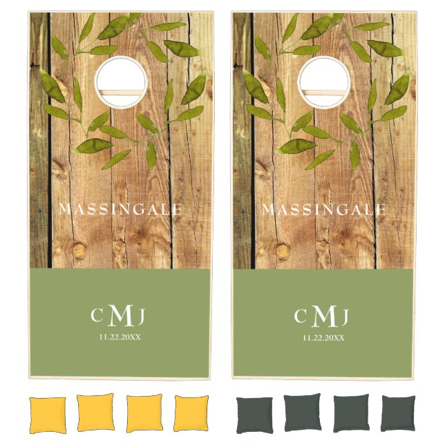 Wedding Monogram Moss Green Foliage Cornhole Set (Set)