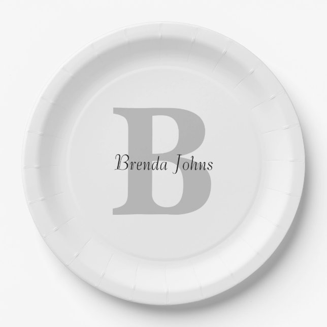 Wedding Monogram Name Baby Shower Grey Black White Paper Plates (Front)
