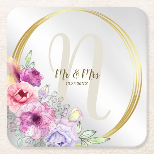 Wedding Monogram Name Colorful Pink Floral Golden Square Paper Coaster