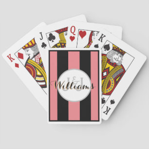WEDDING monogram & Name on BLACK  & CORAL stirpes Poker Cards