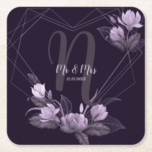 Wedding Monogram Name Purple Floral Violet Frame Square Paper Coaster