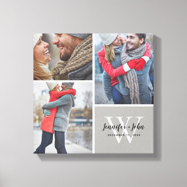 Wedding Monogram Names and Date 3 Photo Collage Canvas Print (Front)