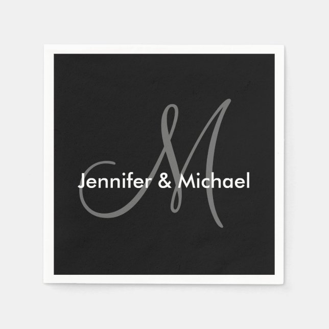 Wedding Monogram Names Black White Grey Paper Napkins (Front)
