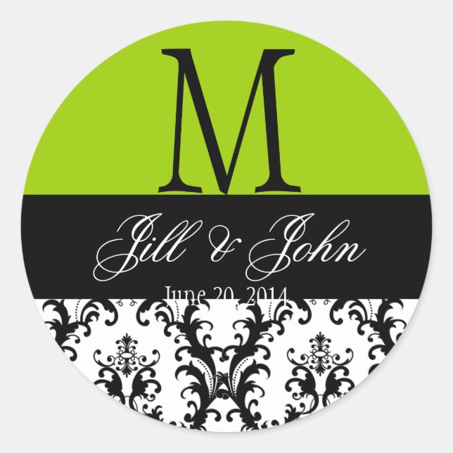 Wedding Monogram Names Damask Apple Green Seal (Front)