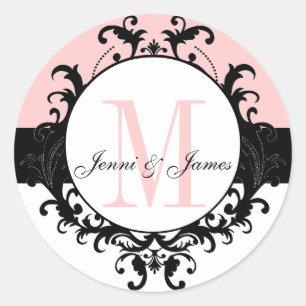 Wedding Monogram Names Damask Pink White Label