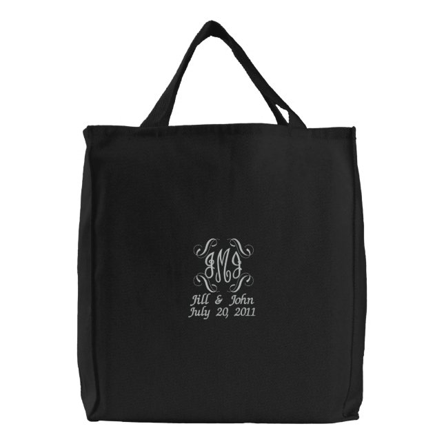 Wedding Monogram Names Date Announcement Black Bag (Front)