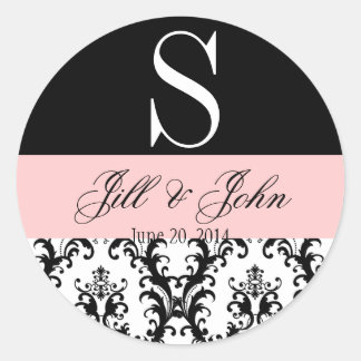Wedding Monogram Names Date Damask Black Pink Classic Round Sticker