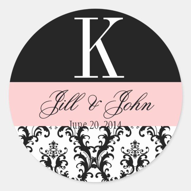 Wedding Monogram Names Date Damask Black & Pink Classic Round Sticker (Front)