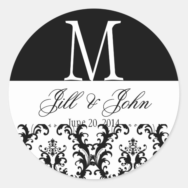 Wedding Monogram Names Date Damask Black White Classic Round Sticker (Front)