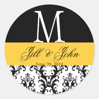 Wedding Monogram Names Date Damask Black Yellow Classic Round Sticker