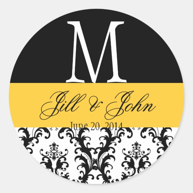 Wedding Monogram Names Date Damask Black Yellow Classic Round Sticker (Front)