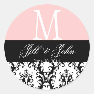 Wedding Monogram Names Date Damask Pink Seal