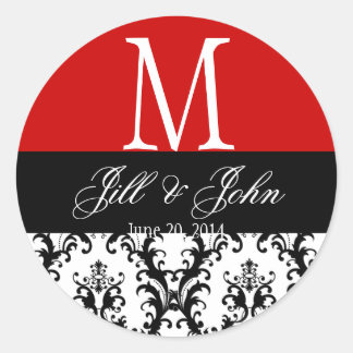 Wedding Monogram Names Date Damask Red Seal