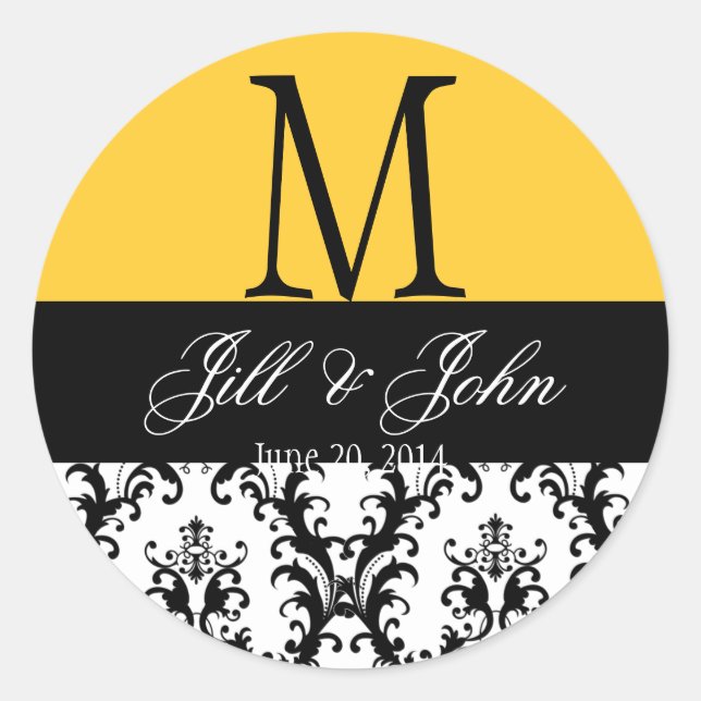 Wedding Monogram Names Date Damask Yellow Seal (Front)