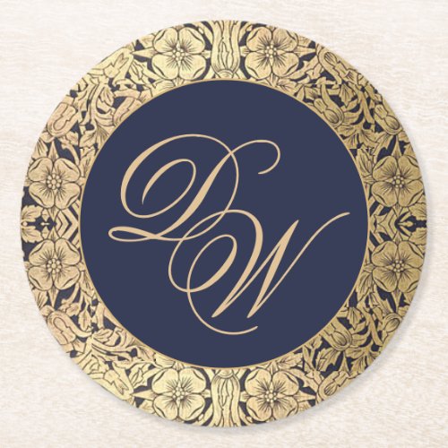 Wedding Monogram Navy Blue Gold Vintage Elegant Round Paper Coaster