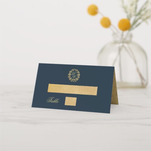 Wedding Monogram Navy Blue Gold Wreath Faux Foil Place Card