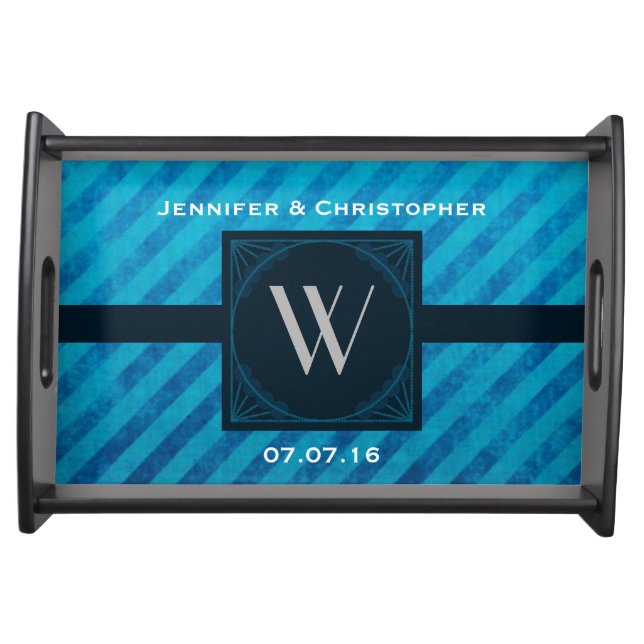 Wedding Monogram on Blue Diagonal Stripes Serving Tray (Front)