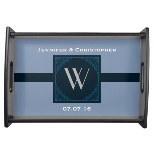 Wedding Monogram on Blue Grey Background Serving Tray