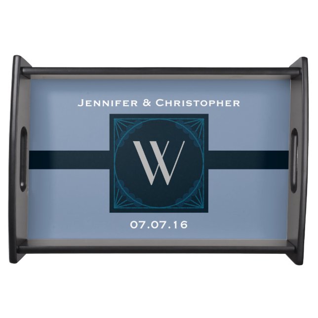 Wedding Monogram on Blue Grey Background Serving Tray (Front)