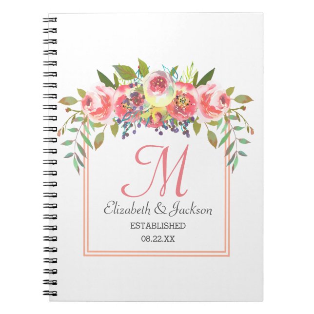 Wedding Monogram Peach Watercolor Floral Wreath Notebook (Front)