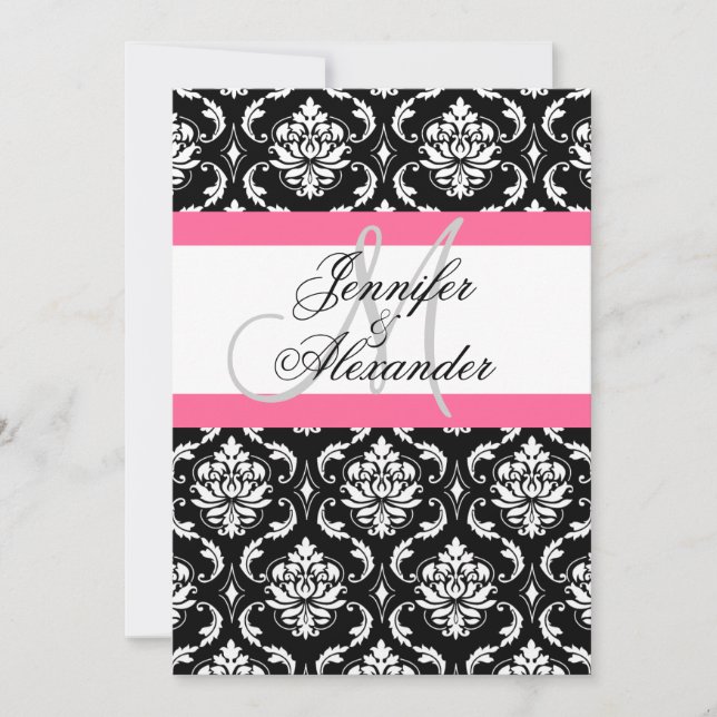 Wedding Monogram Pink Damask Invitation Back View (Front)