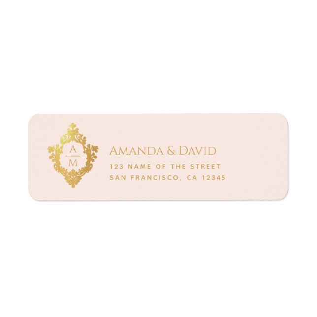 Wedding Monogram Pink Faux Gold Vintage Crest   Label (Front)