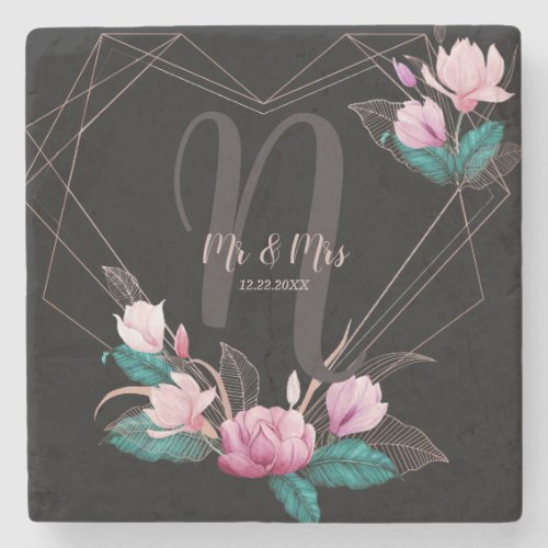 Wedding MonogramPink Floral Geometric Frame Black Stone Coaster