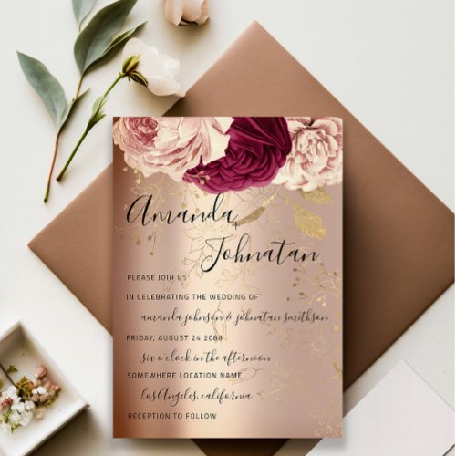 Wedding Monogram Pink Florals Marsala Rose Gold Invitation