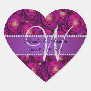 Wedding monogram purple roses heart sticker