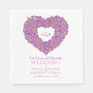 Wedding monogram purple tulips wreath ink drawing napkins