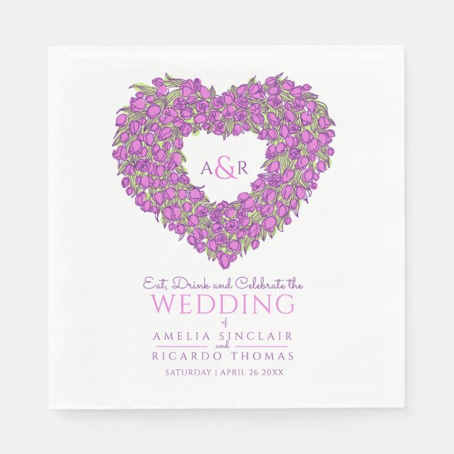 Wedding monogram purple tulips wreath ink drawing napkins (Front)