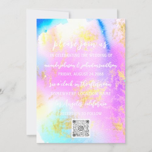 Wedding Monogram QR Code Pink Gold Watercolor Blue Invitation