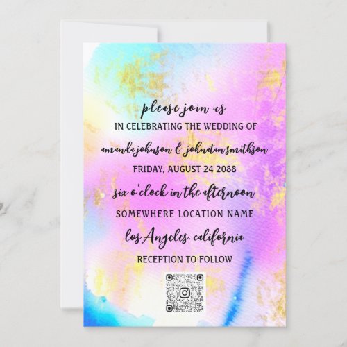 Wedding Monogram QR Code Pink Gold Watercolor Invitation