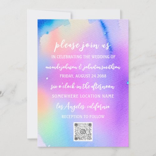 Wedding Monogram QR Code Pink Holographic  Invitation