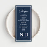 Wedding Monogram Reception Or Engagement Dinner Menu<br><div class="desc">Elevate your special occasions with our Navy Blue and White Wedding Monogram Reception or Engagement Dinner Menus, a perfect blend of elegance and personalization. Designed with a sophisticated navy blue backdrop and crisp white accents, these menus add a touch of refined charm to your wedding, rehearsal dinner, or engagement party....</div>
