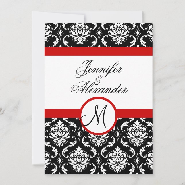 Wedding Monogram Red Damask Invitation Front View (Front)