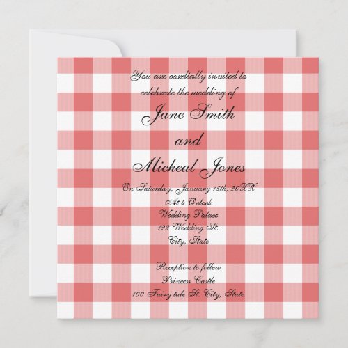 Wedding monogram red gingham checkers invites