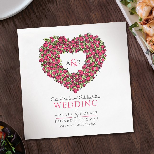 Wedding monogram red tulips wreath ink drawing napkins (Creator Uploaded)