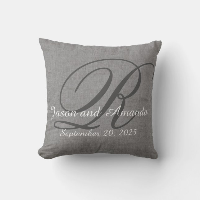 Wedding Monogram Rustic Grey Linen Look Throw Pillow (Front)