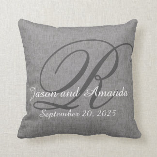 Wedding Monogram Rustic Grey Linen Look Throw Pillow