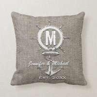 Wedding Monogram Rustic Linen Anchor Throw Pillow